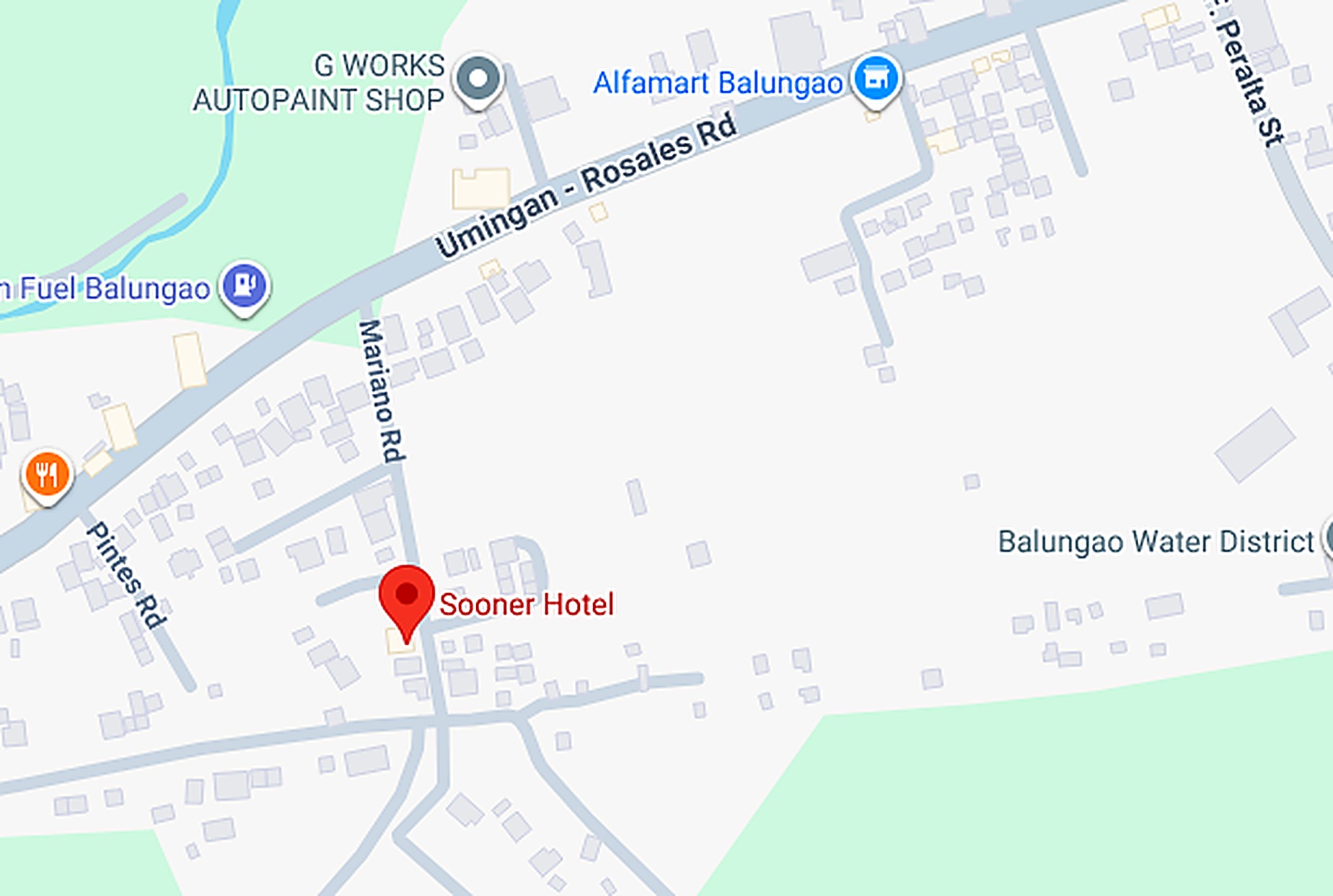 Map showing Sooner Hotel on Mariano Road in Kita-Kita, Balungao